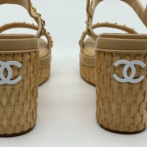 CHANEL, Shoes, Chanel 2c Leather Chain Cc Raffia Platform Wedge Heel  Sandals Shoes